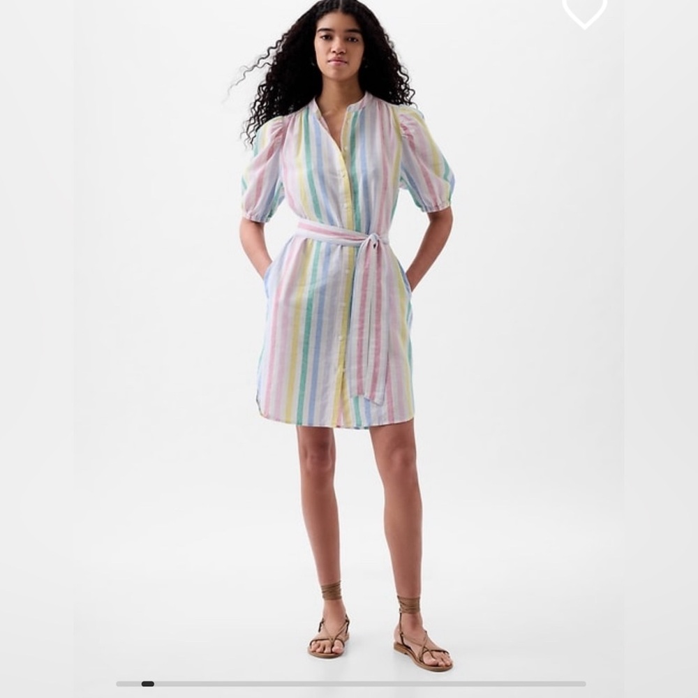 GAP linen cotton puff sleeve shirt dress - size L - blue and white strip - NWOT